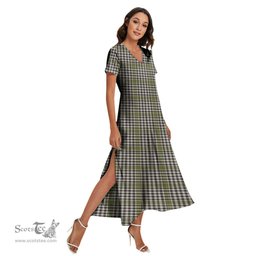 ScotsTee Shop Scottish Burns Check Clan Tartan Womens Fitted V-neck Side Slit Maxi Dress