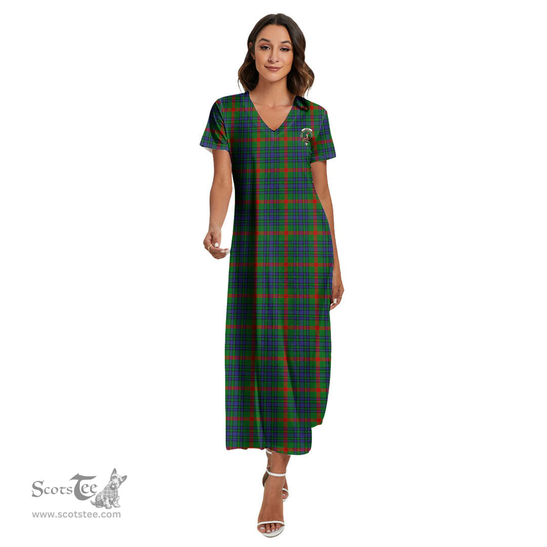 ScotsTee Shop Scottish Aiton Clan Crest Tartan Womens Fitted V-neck Side Slit Maxi Dress