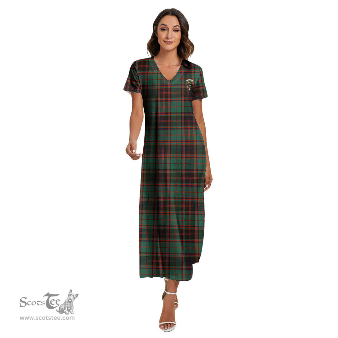 ScotsTee Shop Scottish Buchan Ancient Clan Crest Tartan Womens Fitted V-neck Side Slit Maxi Dress