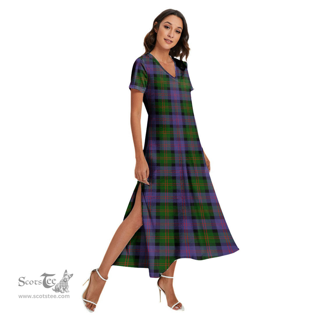 ScotsTee Shop Scottish Blair Modern Clan Tartan Womens Fitted V-neck Side Slit Maxi Dress