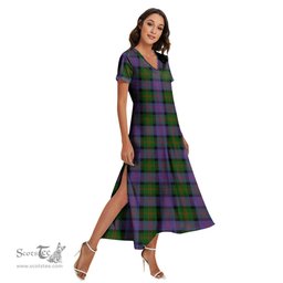 ScotsTee Shop Scottish Blair Modern Clan Tartan Womens Fitted V-neck Side Slit Maxi Dress