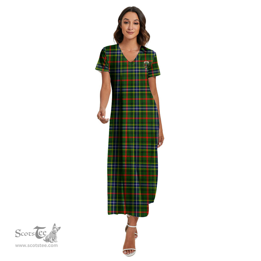 ScotsTee Shop Scottish Bisset Clan Crest Tartan Womens Fitted V-neck Side Slit Maxi Dress
