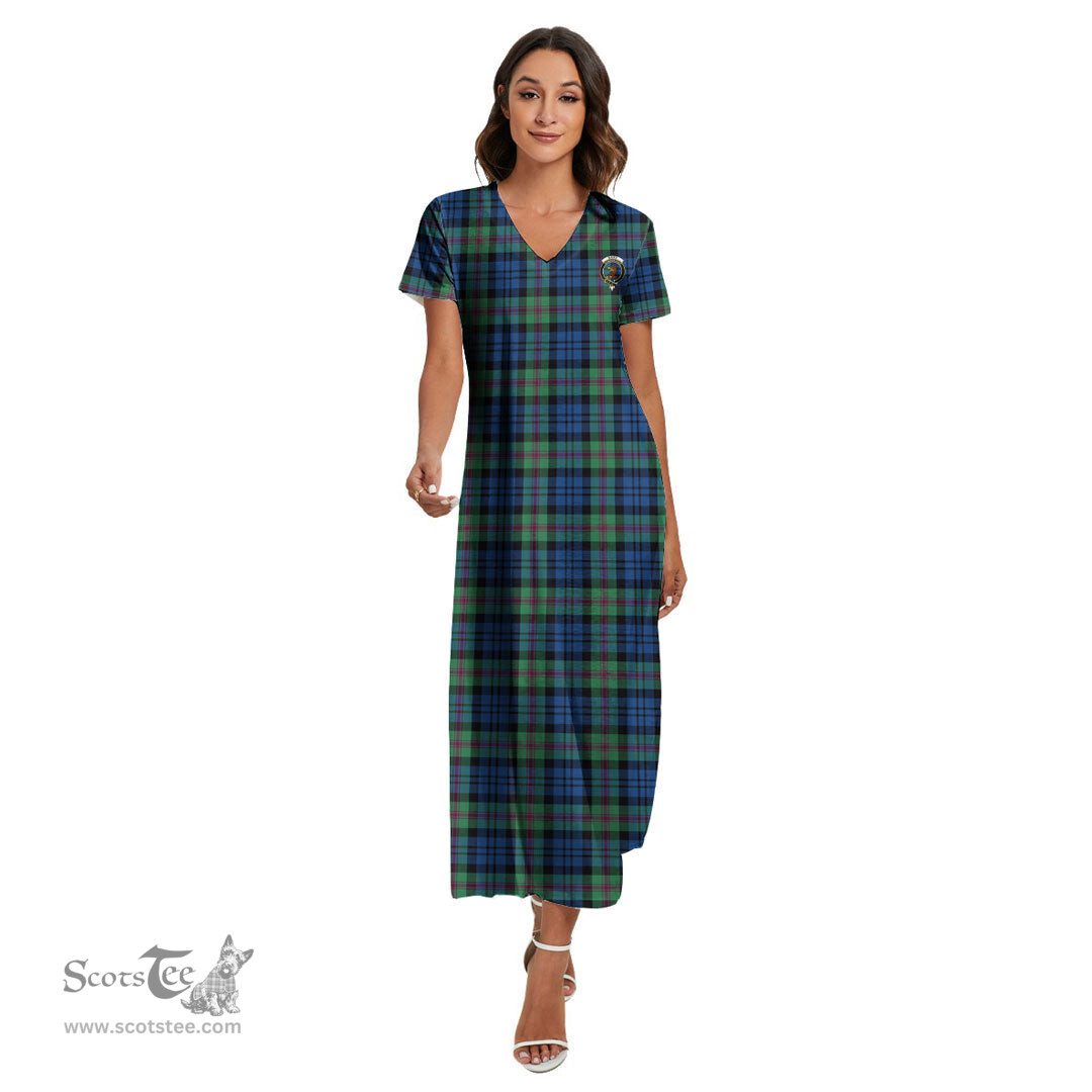 ScotsTee Shop Scottish Baird Ancient Clan Crest Tartan Womens Fitted V-neck Side Slit Maxi Dress
