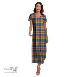 ScotsTee Shop Scottish Buchanan Ancient Clan Tartan Womens Fitted V-neck Side Slit Maxi Dress