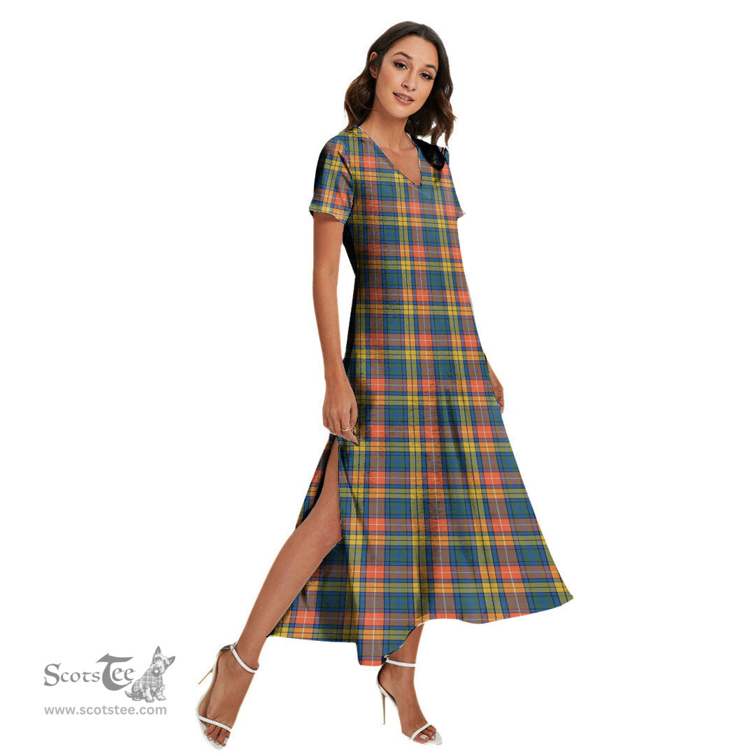 ScotsTee Shop Scottish Buchanan Ancient Clan Tartan Womens Fitted V-neck Side Slit Maxi Dress