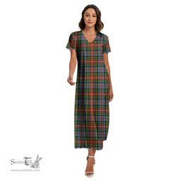 ScotsTee Shop Scottish Caledonia Ancient Clan Tartan Womens Fitted V-neck Side Slit Maxi Dress
