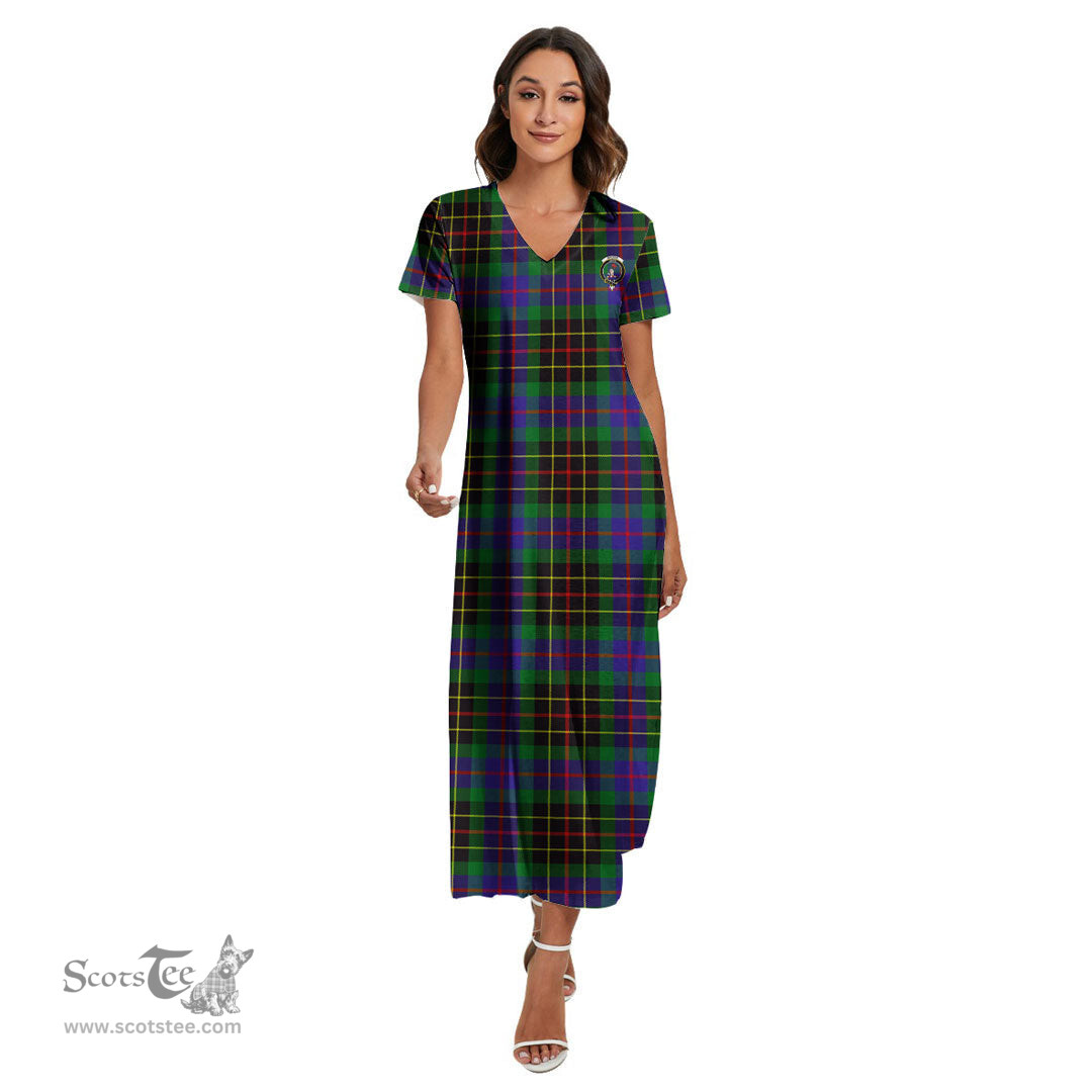 ScotsTee Shop Scottish Brodie Hunting Modern Clan Crest Tartan Womens Fitted V-neck Side Slit Maxi Dress