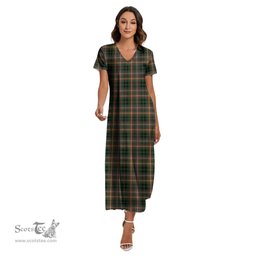 ScotsTee Shop Scottish Buchanan Hunting Clan Tartan Womens Fitted V-neck Side Slit Maxi Dress
