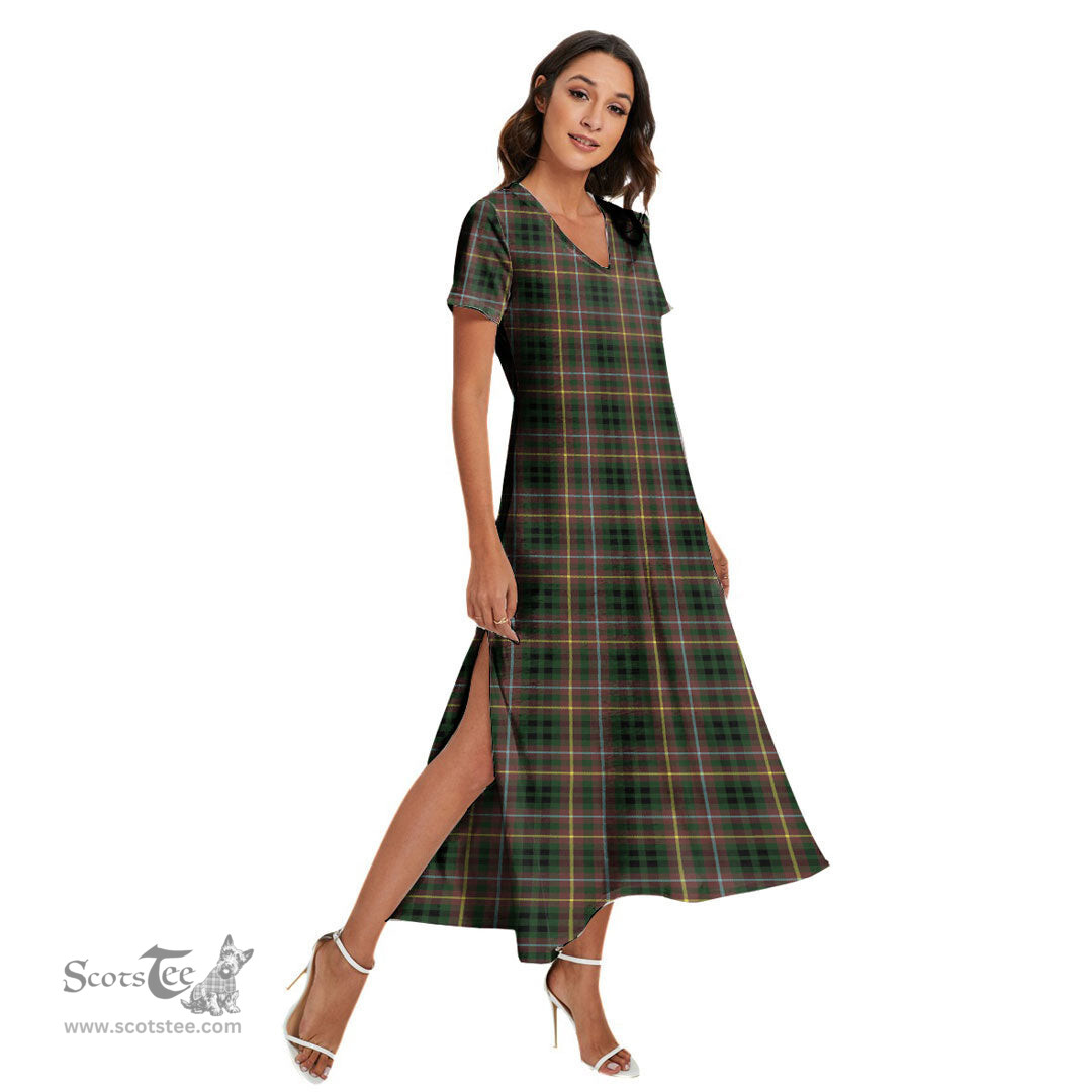 ScotsTee Shop Scottish Buchanan Hunting Clan Tartan Womens Fitted V-neck Side Slit Maxi Dress