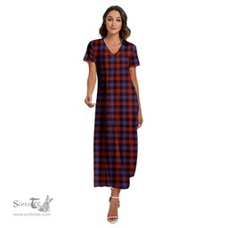 ScotsTee Shop Scottish Brown Modern Clan Tartan Womens Fitted V-neck Side Slit Maxi Dress