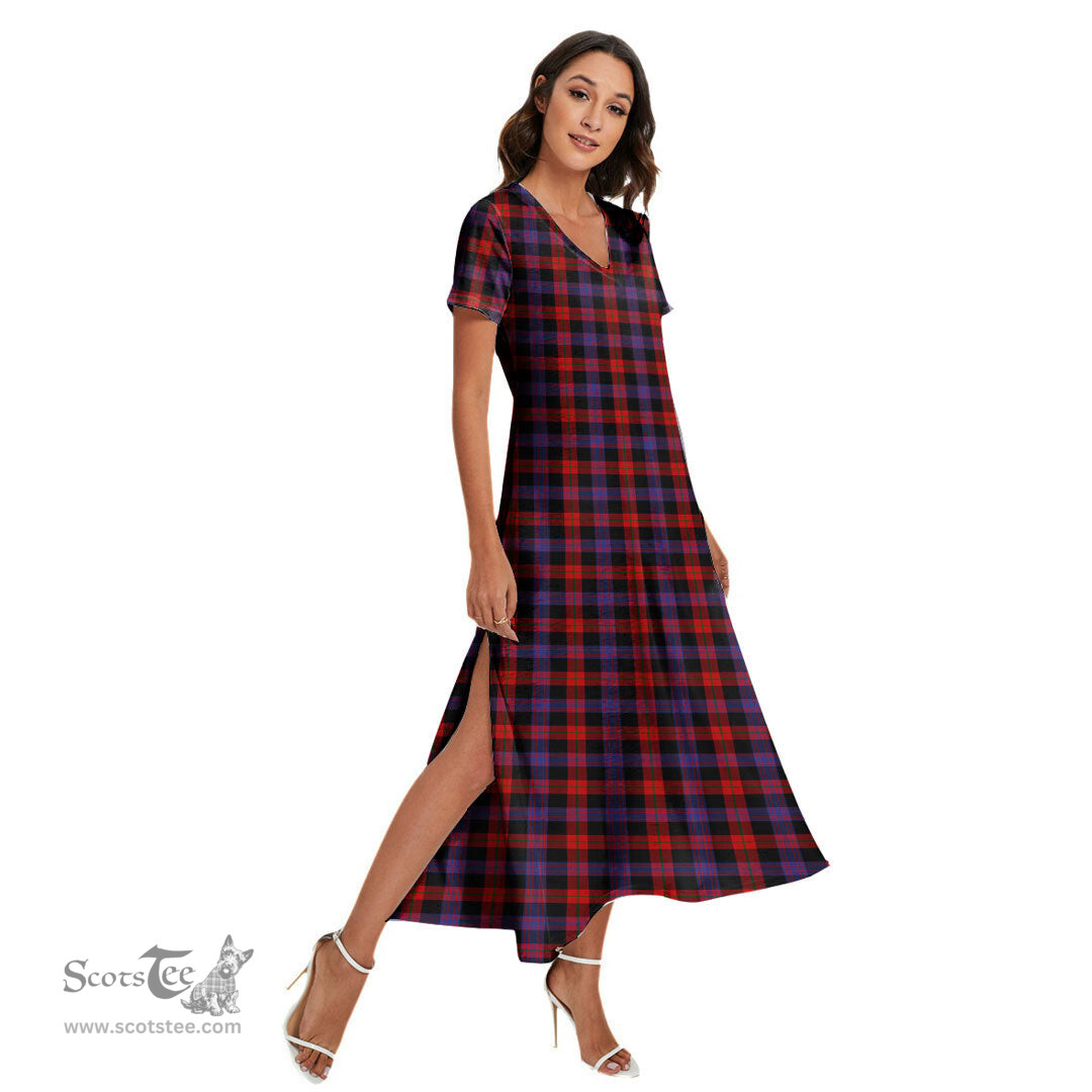 ScotsTee Shop Scottish Brown Modern Clan Tartan Womens Fitted V-neck Side Slit Maxi Dress