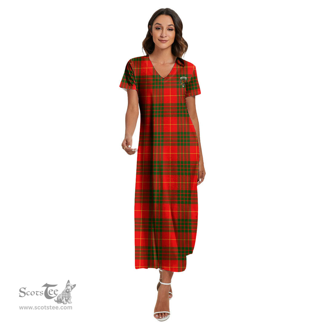 ScotsTee Shop Scottish Cameron Modern Clan Crest Tartan Womens Fitted V-neck Side Slit Maxi Dress