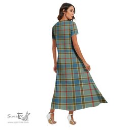 ScotsTee Shop Scottish Balfour Blue Clan Crest Tartan Womens Fitted V-neck Side Slit Maxi Dress