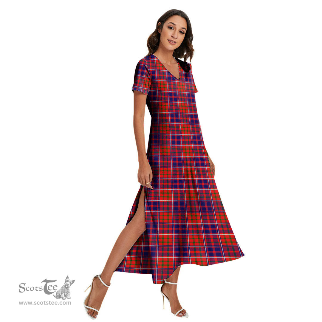 ScotsTee Shop Scottish Cameron of Lochiel Modern Clan Tartan Womens Fitted V-neck Side Slit Maxi Dress