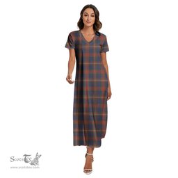 ScotsTee Shop Scottish Fraser Hunting Modern Clan Tartan Womens Fitted V-neck Side Slit Maxi Dress