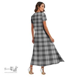 ScotsTee Shop Scottish Douglas Grey Modern Clan Tartan Womens Fitted V-neck Side Slit Maxi Dress