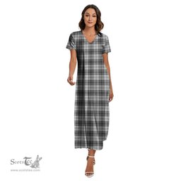 ScotsTee Shop Scottish Douglas Grey Modern Clan Tartan Womens Fitted V-neck Side Slit Maxi Dress