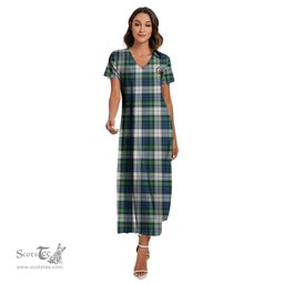 ScotsTee Shop Scottish Gordon Dress Ancient Clan Crest Tartan Womens Fitted V-neck Side Slit Maxi Dress