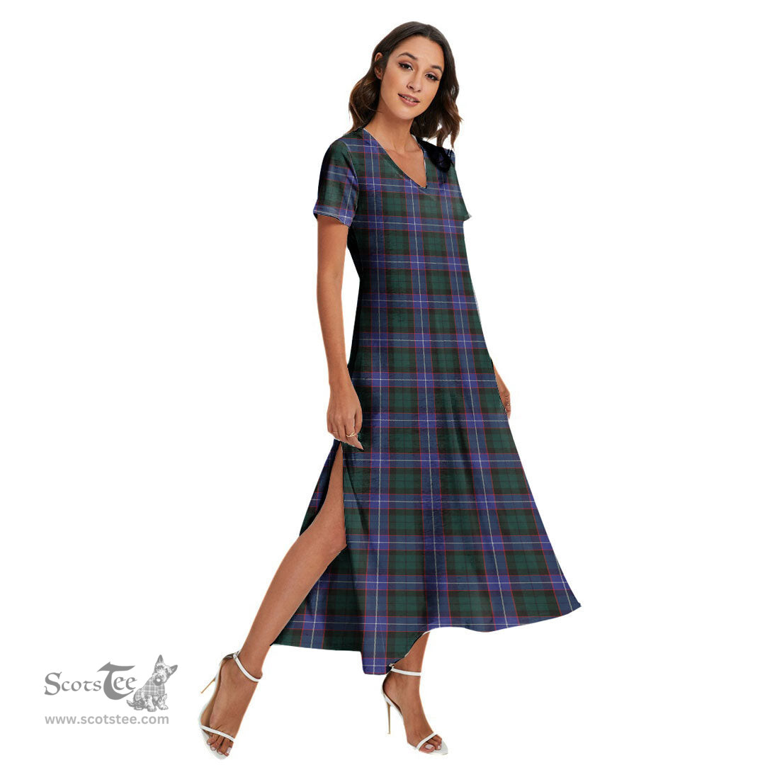 ScotsTee Shop Scottish Guthrie Modern Clan Tartan Womens Fitted V-neck Side Slit Maxi Dress