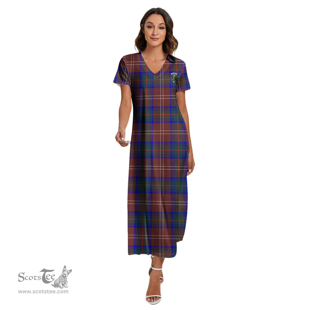 ScotsTee Shop Scottish Chisholm Hunting Modern Clan Crest Tartan Womens Fitted V-neck Side Slit Maxi Dress