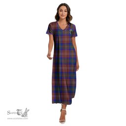 ScotsTee Shop Scottish Chisholm Hunting Modern Clan Crest Tartan Womens Fitted V-neck Side Slit Maxi Dress