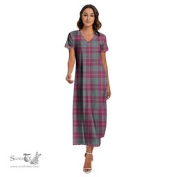ScotsTee Shop Scottish Crawford Ancient Clan Tartan Womens Fitted V-neck Side Slit Maxi Dress
