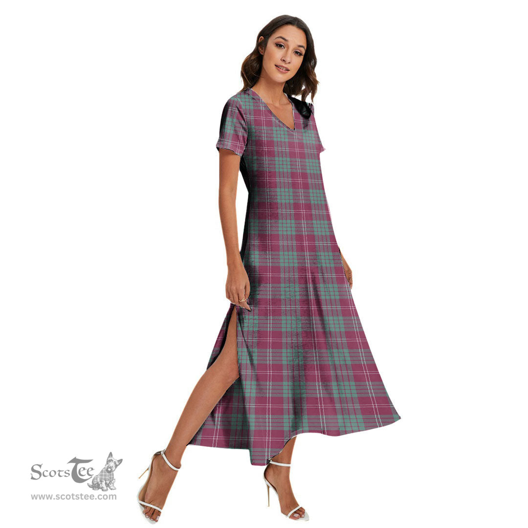 ScotsTee Shop Scottish Crawford Ancient Clan Tartan Womens Fitted V-neck Side Slit Maxi Dress