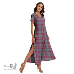 ScotsTee Shop Scottish Crawford Ancient Clan Tartan Womens Fitted V-neck Side Slit Maxi Dress