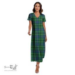 ScotsTee Shop Scottish Duncan Ancient Clan Tartan Womens Fitted V-neck Side Slit Maxi Dress