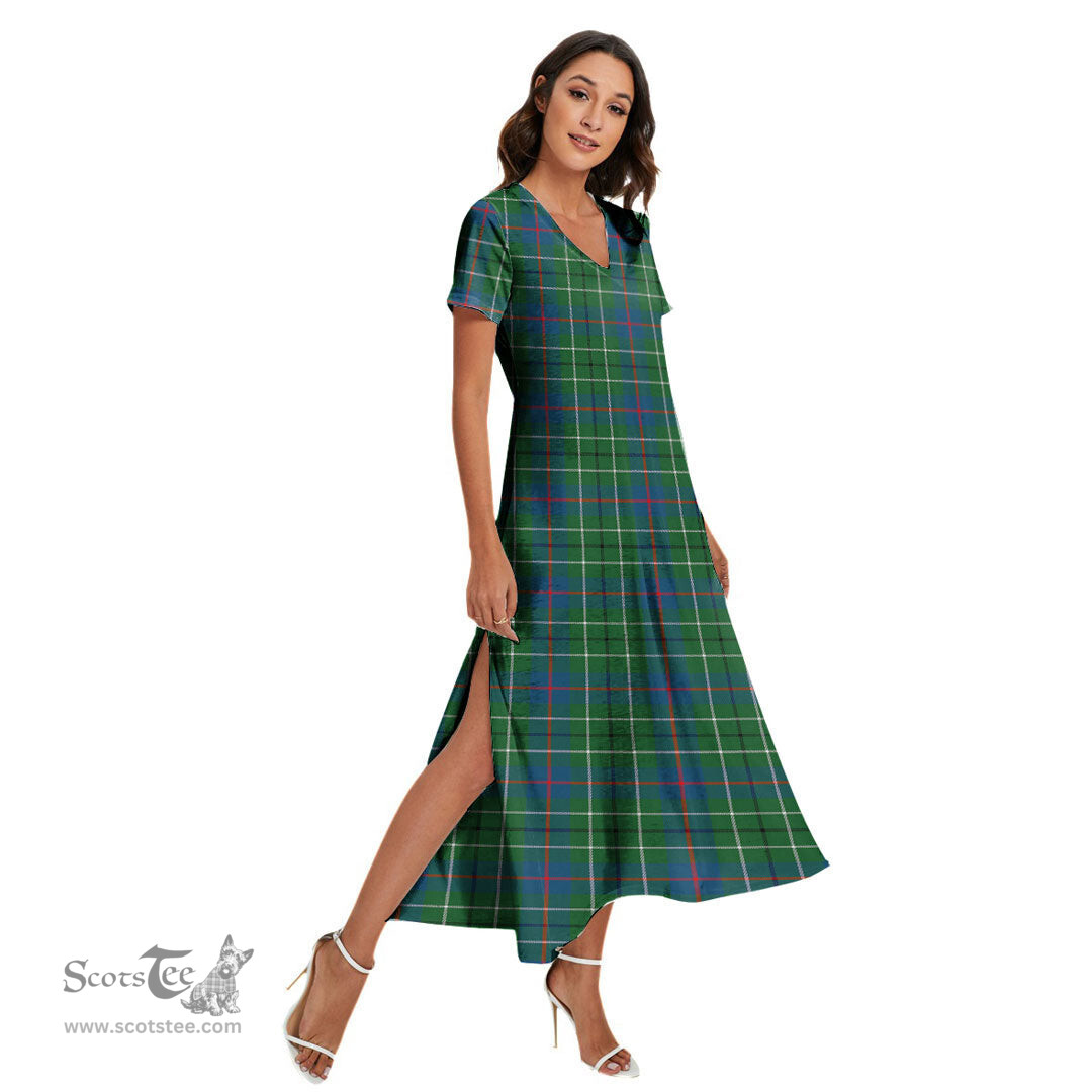ScotsTee Shop Scottish Duncan Ancient Clan Tartan Womens Fitted V-neck Side Slit Maxi Dress