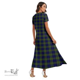 ScotsTee Shop Scottish Colquhoun Modern Clan Tartan Womens Fitted V-neck Side Slit Maxi Dress