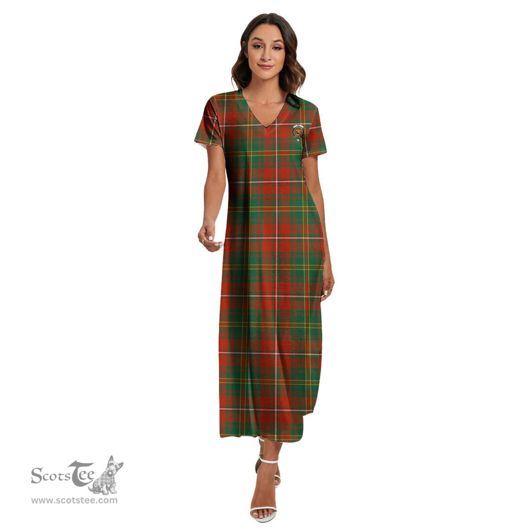 ScotsTee Shop Scottish Hay Ancient Clan Crest Tartan Womens Fitted V-neck Side Slit Maxi Dress