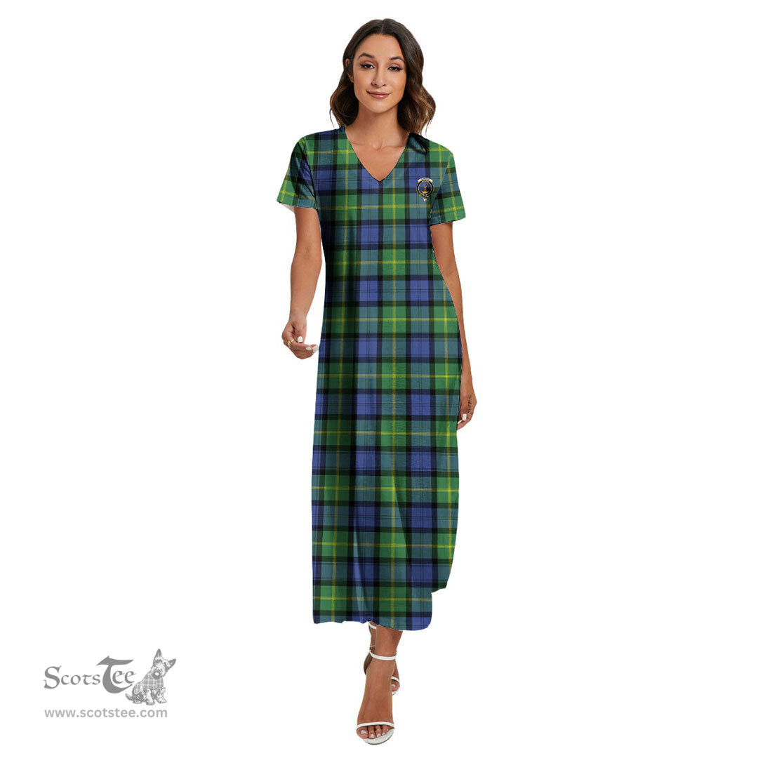 ScotsTee Shop Scottish Gordon Old Ancient Clan Crest Tartan Womens Fitted V-neck Side Slit Maxi Dress