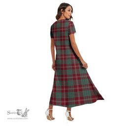 ScotsTee Shop Scottish Crawford Modern Clan Crest Tartan Womens Fitted V-neck Side Slit Maxi Dress