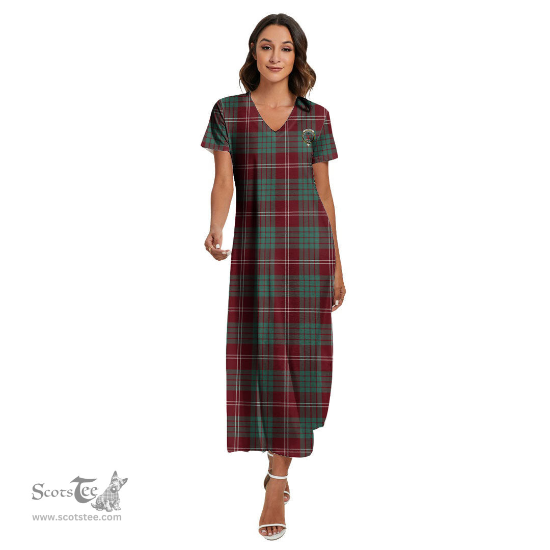 ScotsTee Shop Scottish Crawford Modern Clan Crest Tartan Womens Fitted V-neck Side Slit Maxi Dress