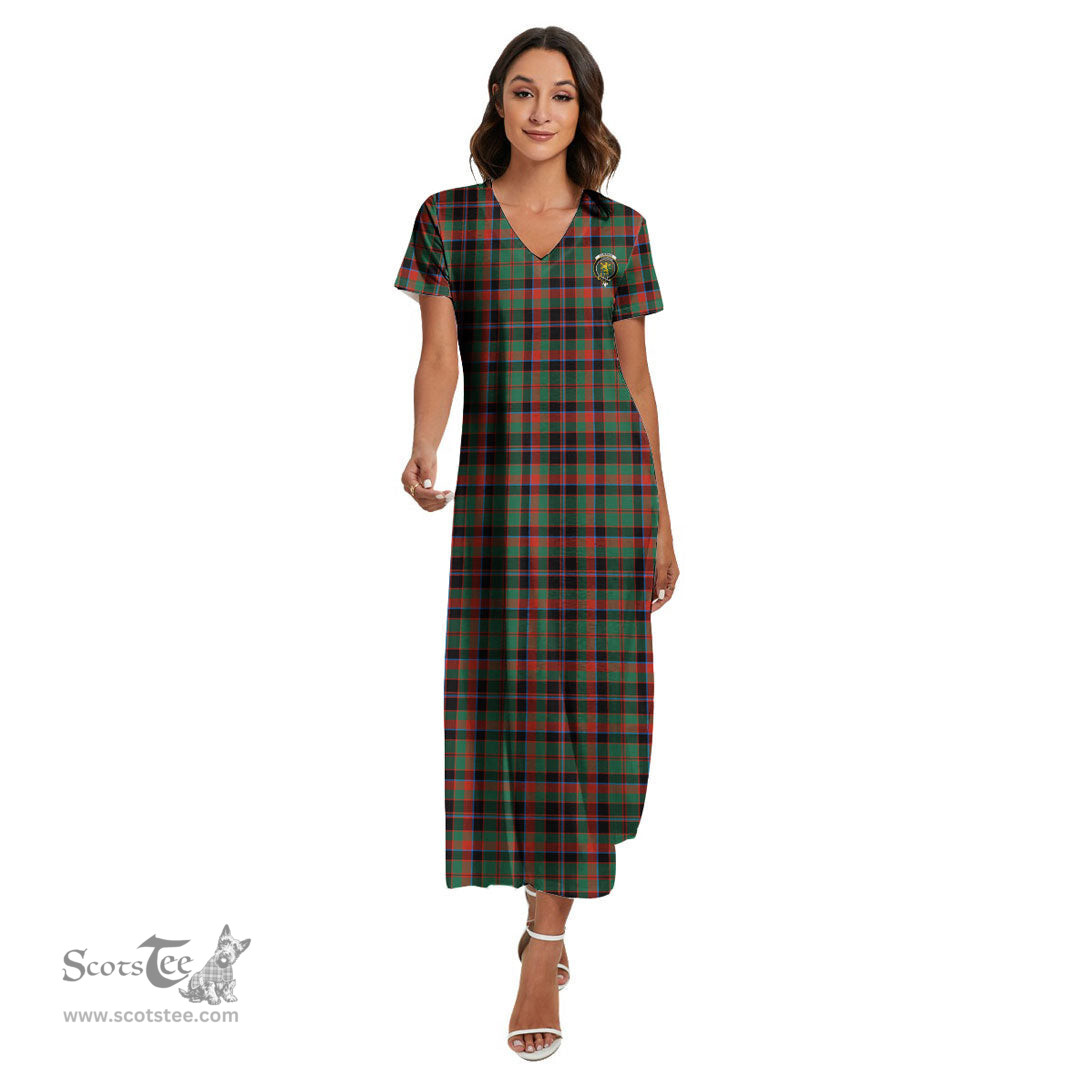 ScotsTee Shop Scottish Cumming Hunting Ancient Clan Crest Tartan Womens Fitted V-neck Side Slit Maxi Dress