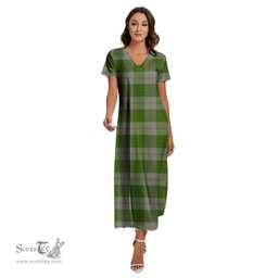 ScotsTee Shop Scottish Cunningham Dress Green Dancers Clan Tartan Womens Fitted V-neck Side Slit Maxi Dress