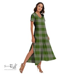 ScotsTee Shop Scottish Cunningham Dress Green Dancers Clan Tartan Womens Fitted V-neck Side Slit Maxi Dress