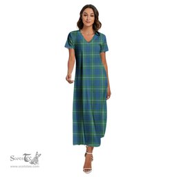 ScotsTee Shop Scottish Hamilton Hunting Ancient Clan Tartan Womens Fitted V-neck Side Slit Maxi Dress