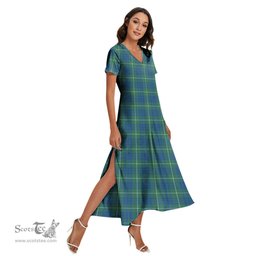 ScotsTee Shop Scottish Hamilton Hunting Ancient Clan Tartan Womens Fitted V-neck Side Slit Maxi Dress