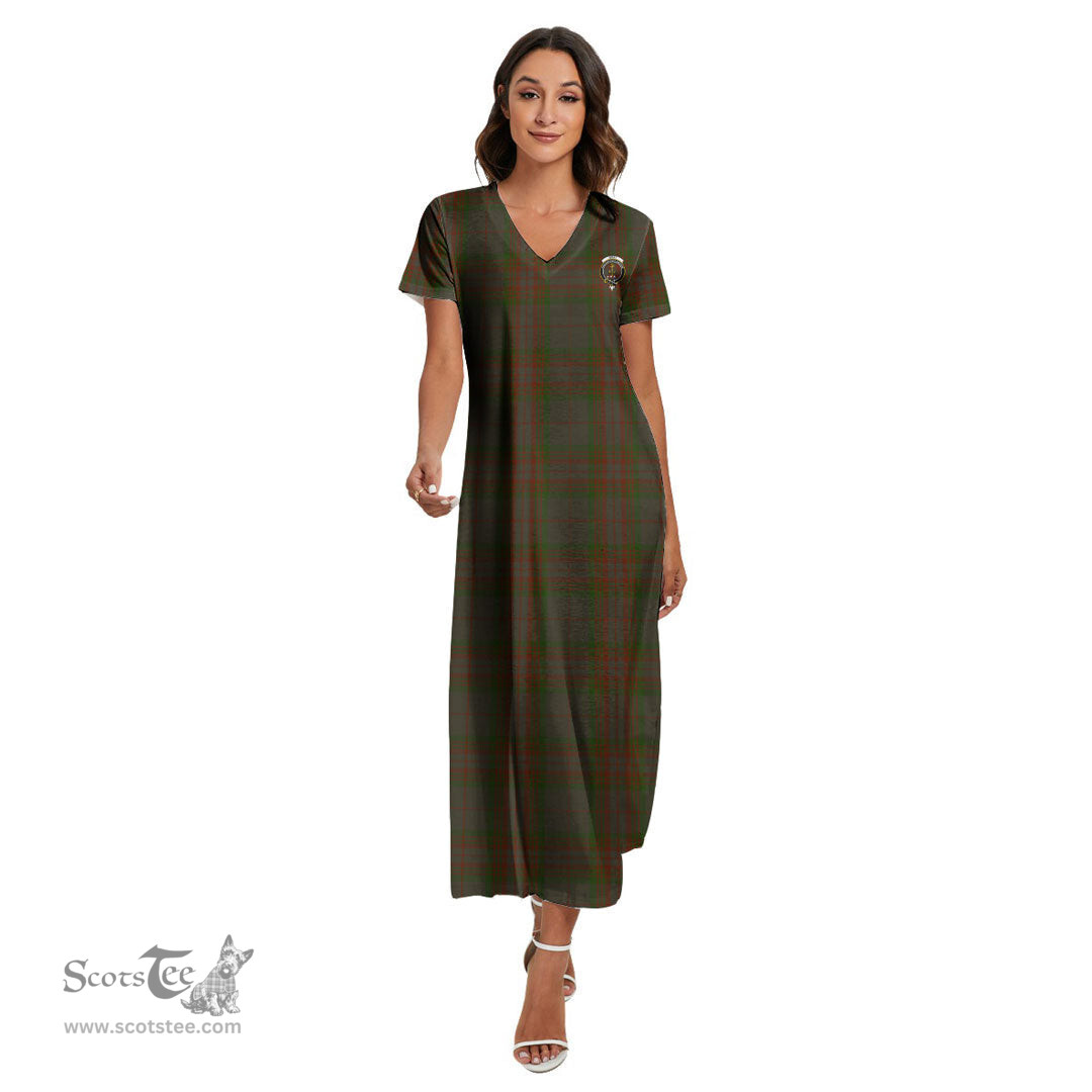 ScotsTee Shop Scottish Gray Clan Crest Tartan Womens Fitted V-neck Side Slit Maxi Dress