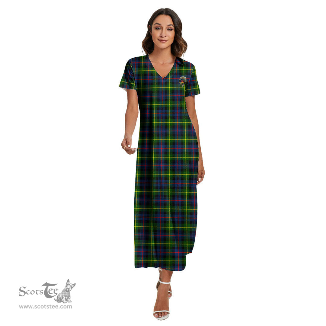 ScotsTee Shop Scottish Farquharson Modern Clan Crest Tartan Womens Fitted V-neck Side Slit Maxi Dress