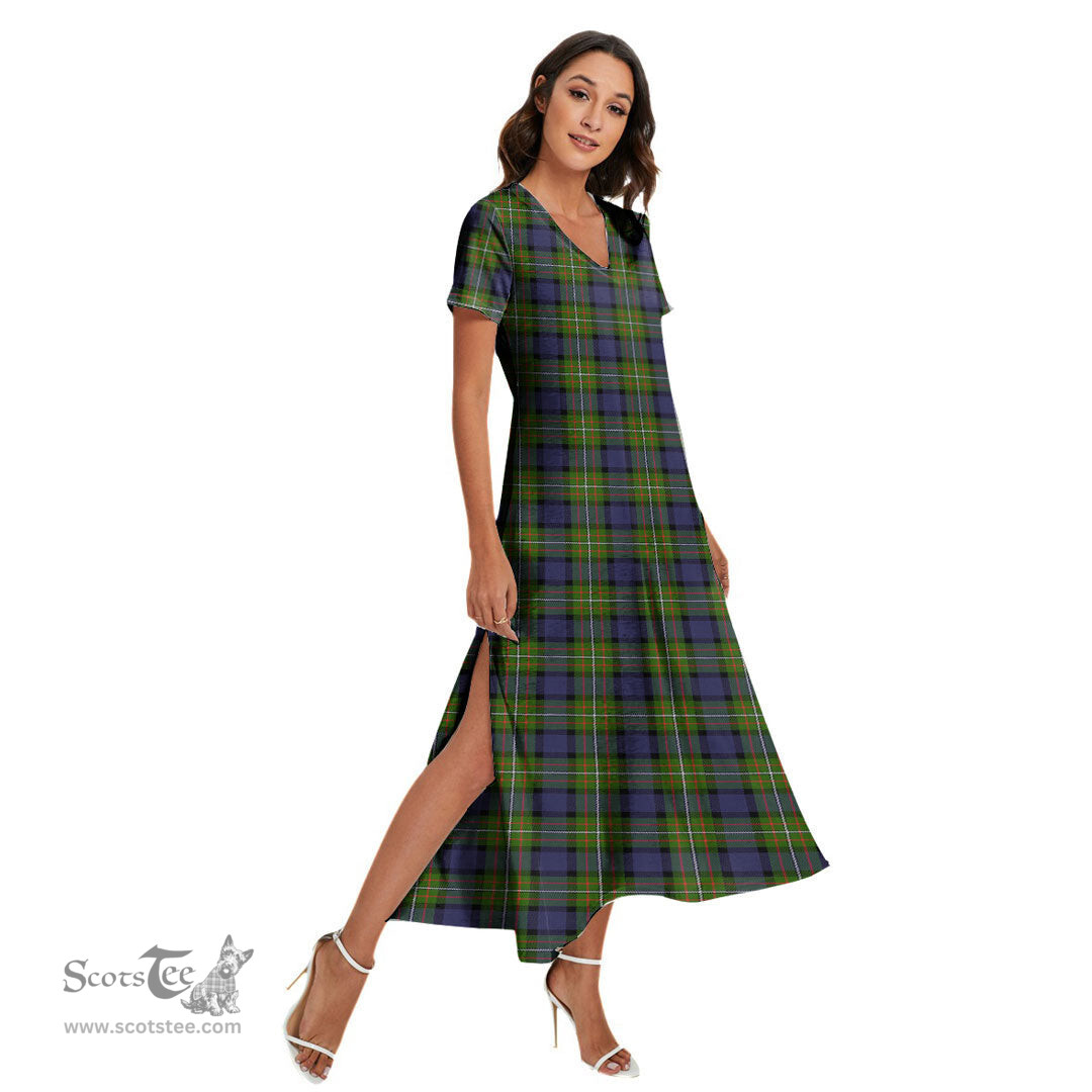 ScotsTee Shop Scottish Fergusson Modern Clan Tartan Womens Fitted V-neck Side Slit Maxi Dress