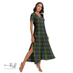 ScotsTee Shop Scottish Fergusson Modern Clan Tartan Womens Fitted V-neck Side Slit Maxi Dress