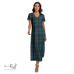 ScotsTee Shop Scottish Cockburn Ancient Clan Crest Tartan Womens Fitted V-neck Side Slit Maxi Dress