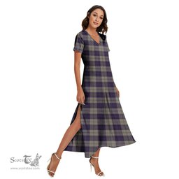 ScotsTee Shop Scottish Cunningham Dress Blue Dancers Clan Tartan Womens Fitted V-neck Side Slit Maxi Dress