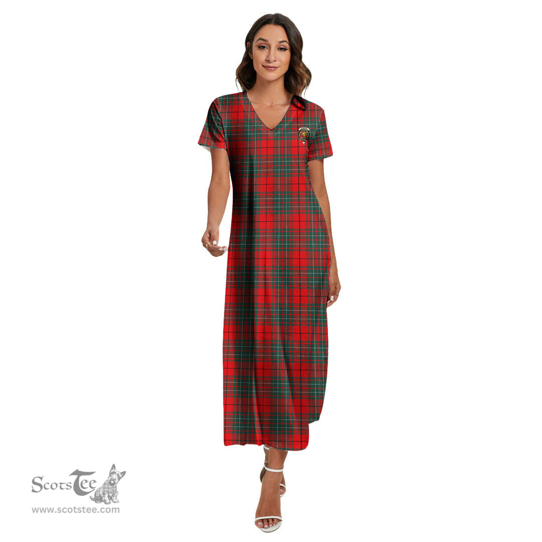 ScotsTee Shop Scottish Cumming Modern Clan Crest Tartan Womens Fitted V-neck Side Slit Maxi Dress