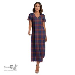ScotsTee Shop Scottish Chisholm Hunting Modern Clan Tartan Womens Fitted V-neck Side Slit Maxi Dress