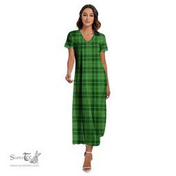 ScotsTee Shop Scottish Galloway District Clan Tartan Womens Fitted V-neck Side Slit Maxi Dress