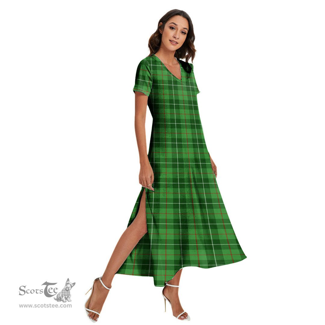 ScotsTee Shop Scottish Galloway District Clan Tartan Womens Fitted V-neck Side Slit Maxi Dress